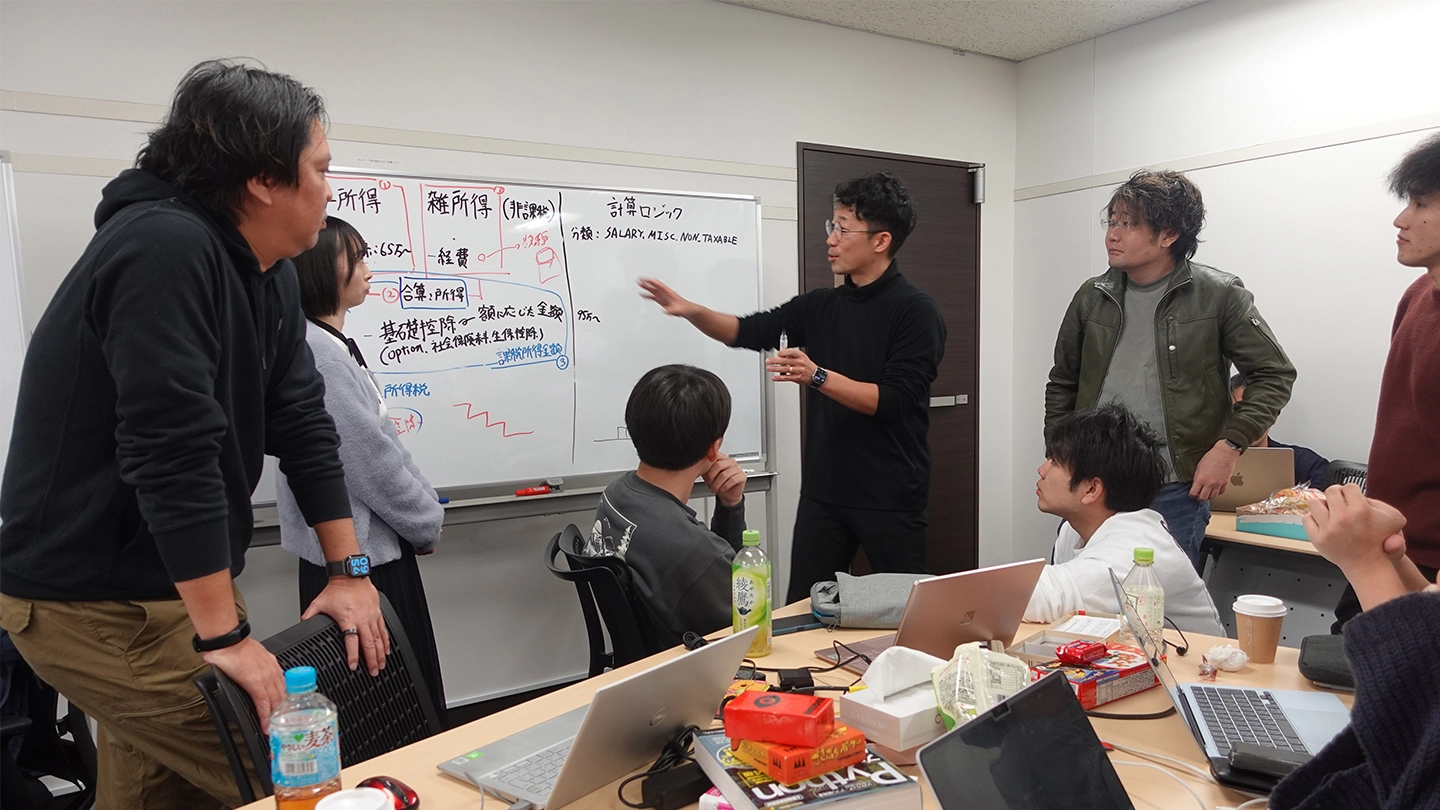 ホワイトボードに書かれた内容を囲み、学生たちが議論しながらグループワークを行っている様子。