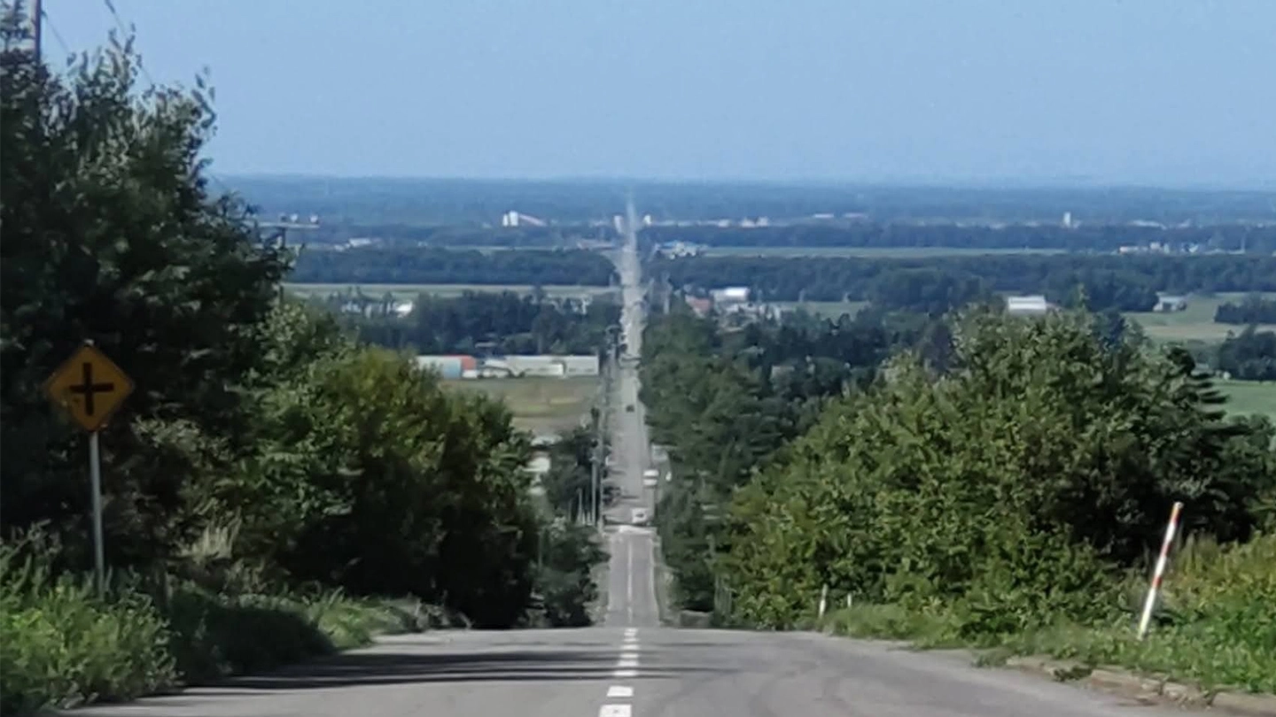 遠くまで一直線に続く道路が広がる景観の写真。