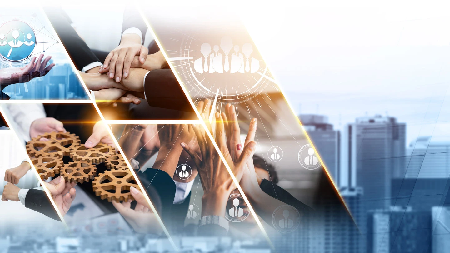 People high-fiving and laying hands on each other and skyscrapers