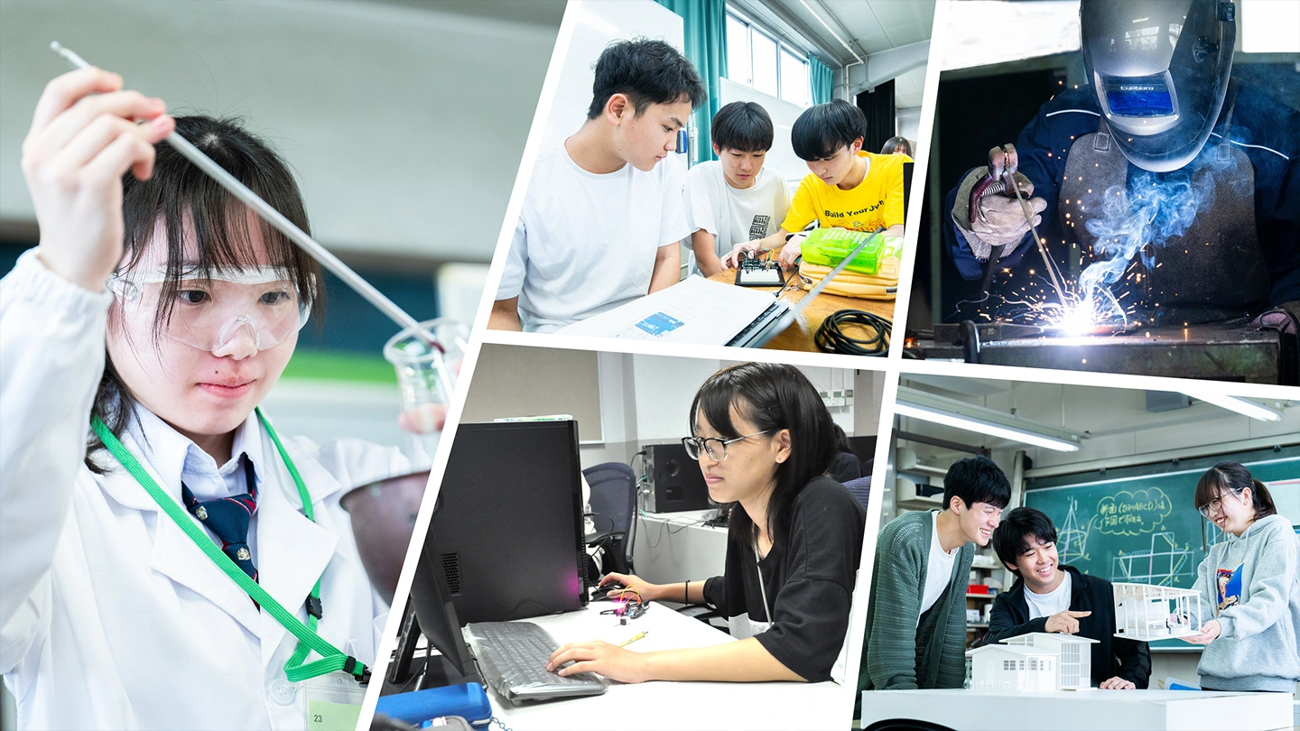 Multiple photos of students doing research and experiments