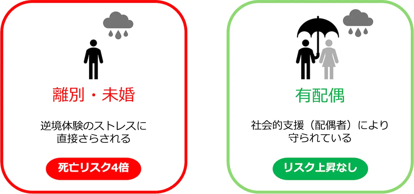 日本では小児期逆境体験で高齢期死亡リスクなし～離別・未婚の男性でのみ強い関連、配偶者の存在が影響を修飾～