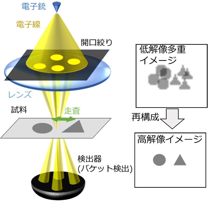 マルチビーム型の電子顕微鏡手法を新たに開発 －少ない測定点から高精細像を短時間で構成することが可能－