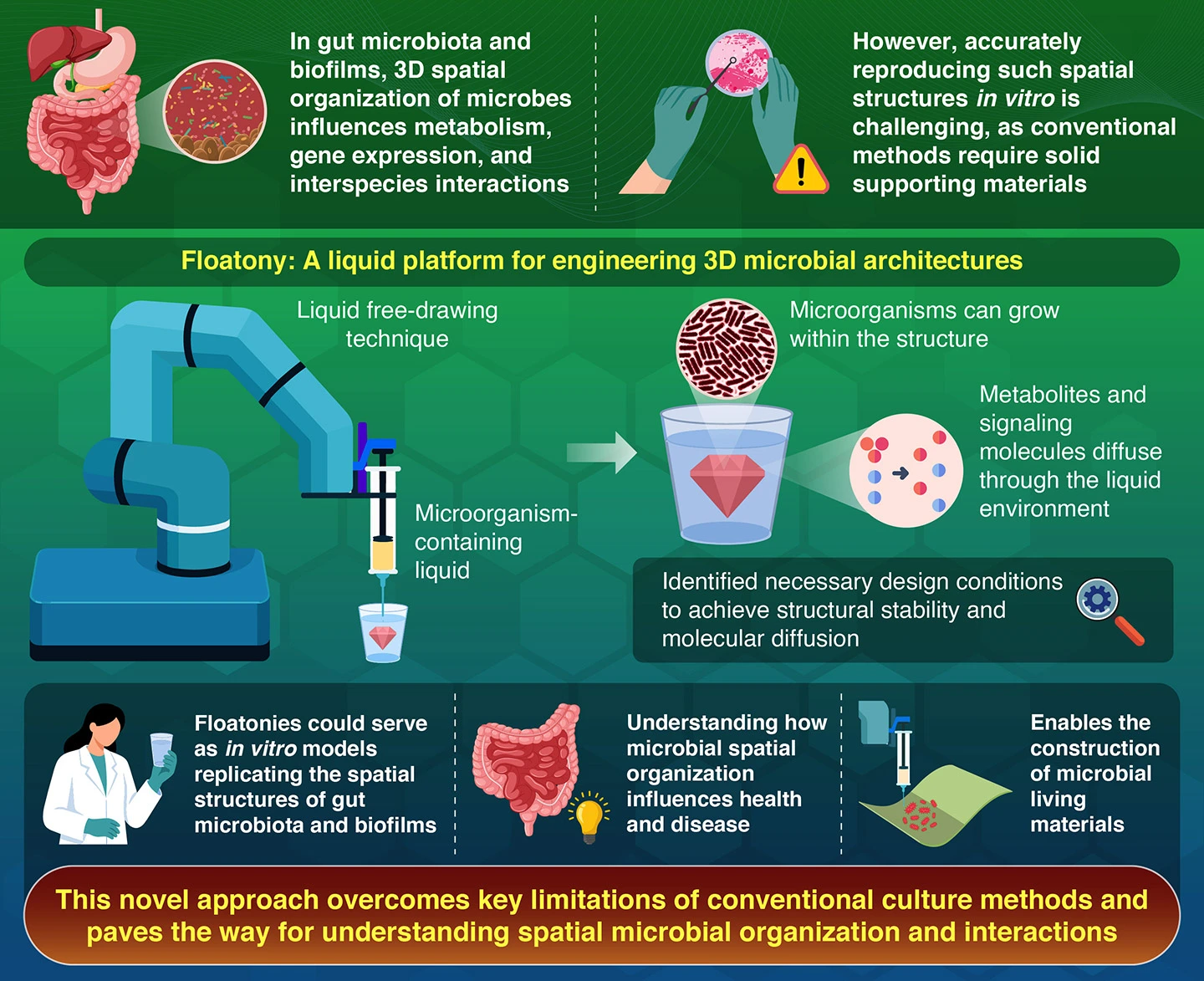 Floatony formation in liquid environments: Liquid drawing-based fabrication of three-dimensional microbial structures