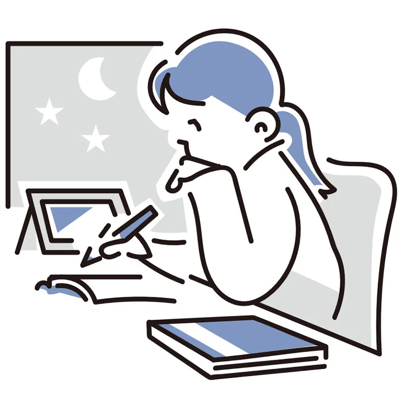 深夜に勉強する人のイラスト