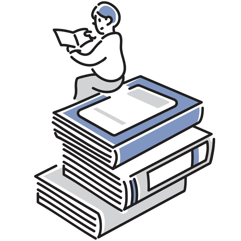 重ねた本の上に座って本を読む人のイラスト